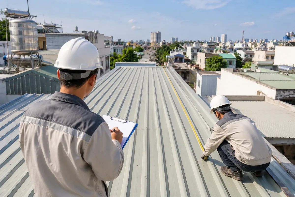 Kỹ thuật viên Asia Energy khảo sát và đo mái